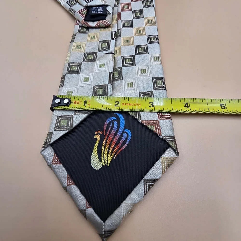 Peacock Silk Tie Geometric Square Pattern Sage Green Silver Handmade Necktie